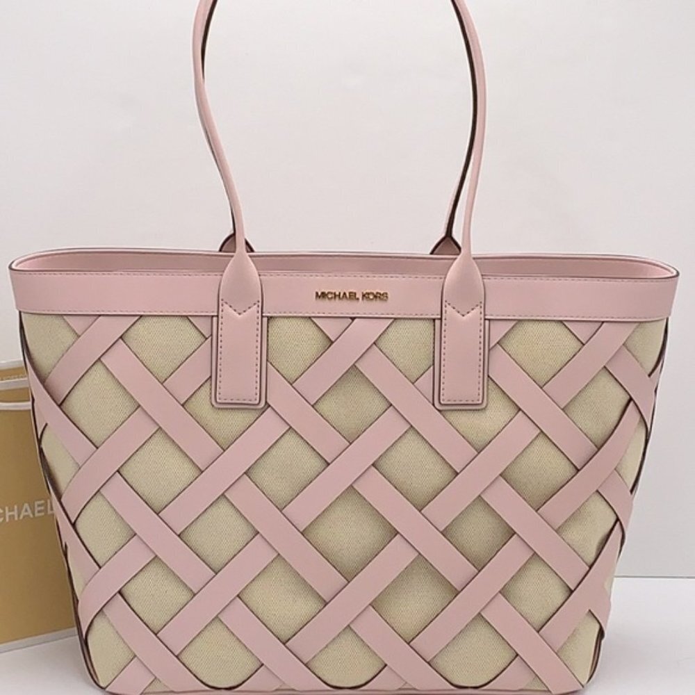 Michael Kors Sienna Large Tote Shoulder Bag Powder Blush Leather Canvas - Picture 3 of 16